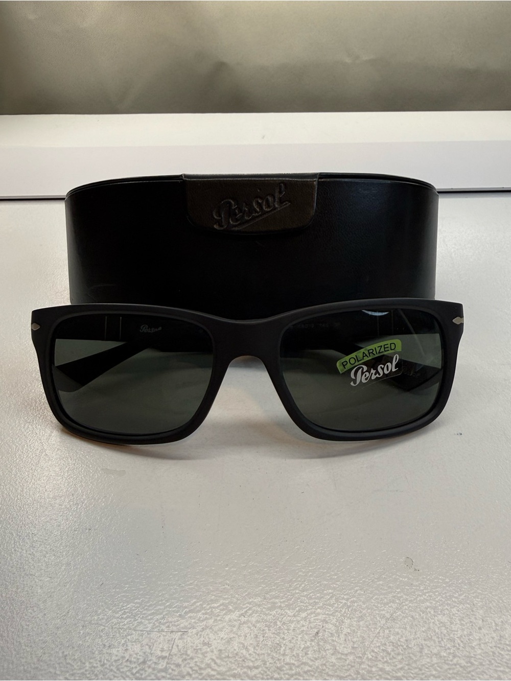Brand New Persol Black Frame Sunglasses with Dark Green Polarized Lenses